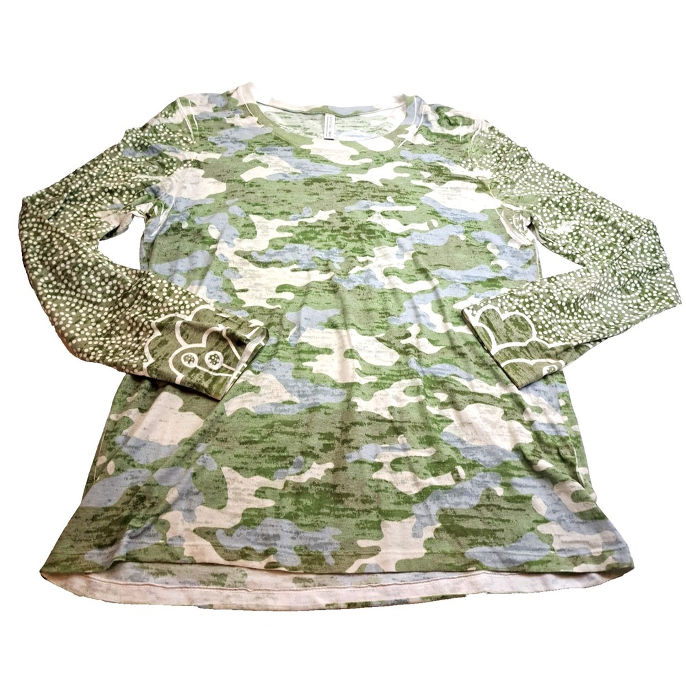 Whimsy Rose Long Sleeve Thin Shirt Women's L USA Camo Artsy Art To Wear Green
